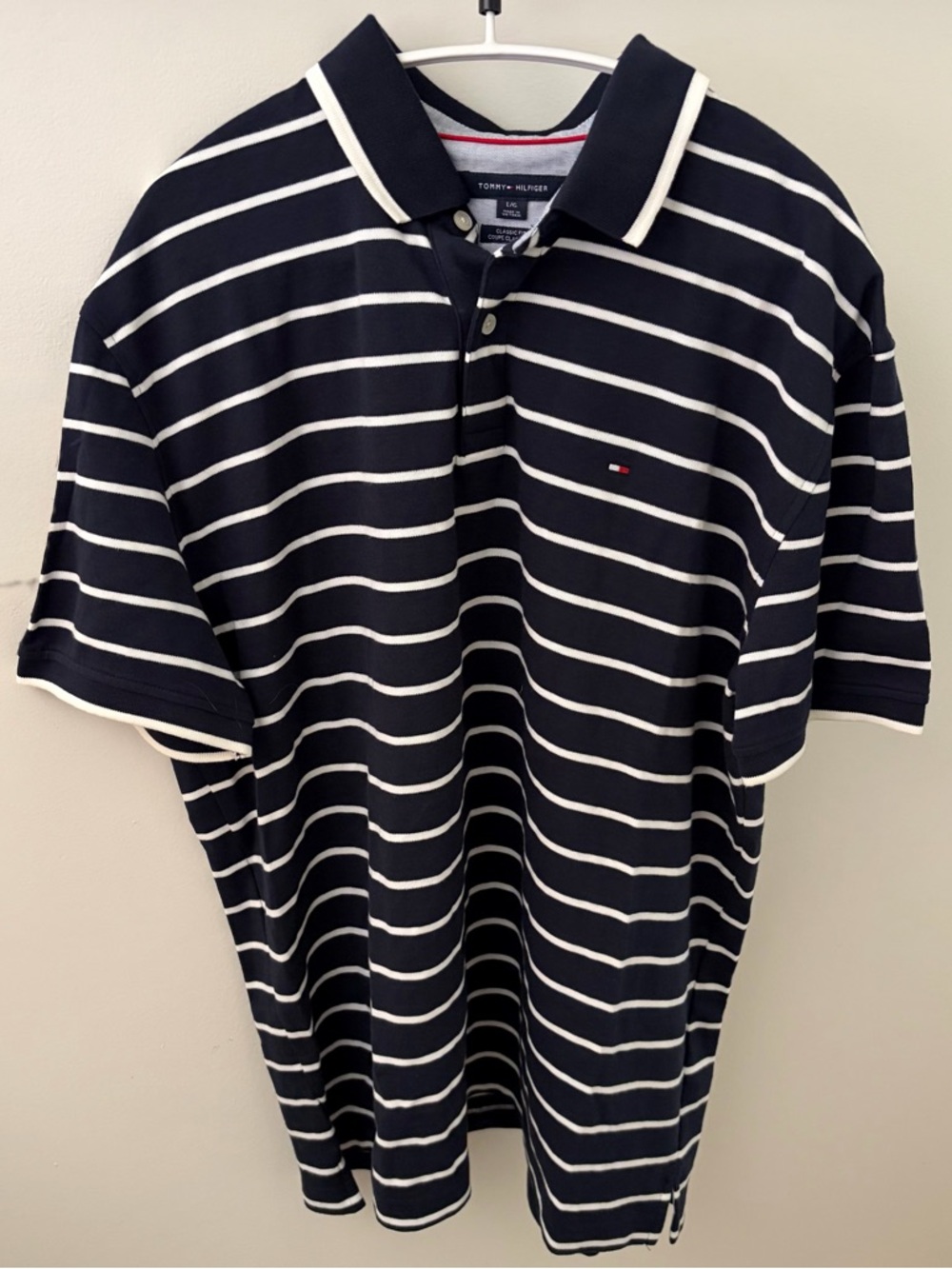 Tommy Hilfiger Navy White Striped Polo Shirt Flag Logo Men’s Classic Fit Large